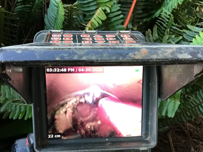 Drain camera screen showing the inside of a pipe in a Baulkham Hills garden