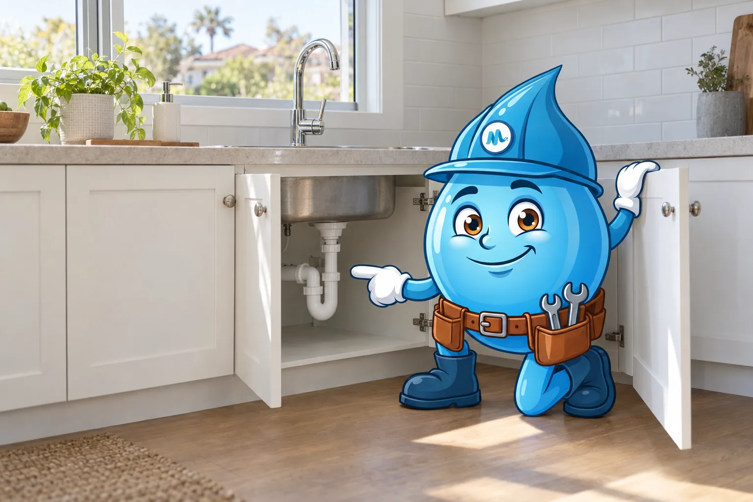 Splashy kneeling at an open kitchen sink cabinet, pointing at the trap