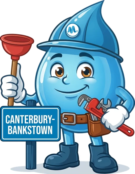 Splashy, the Mr Splash mascot, with a plunger and a pipe wrench beside a Canterbury-Bankstown sign