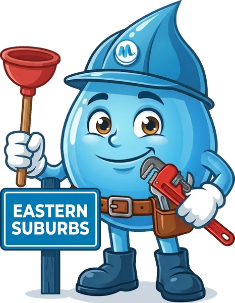 Splashy, the Mr Splash mascot, with a plunger and a pipe wrench beside a Eastern Suburbs sign