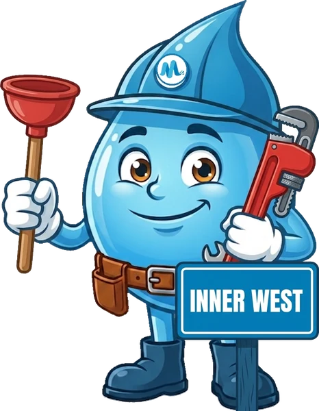 Splashy, the Mr Splash mascot, with a plunger and a pipe wrench beside a Inner West sign