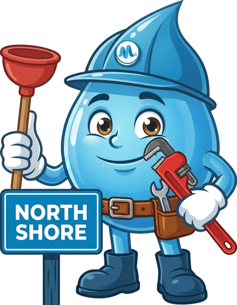 Splashy, the Mr Splash mascot, with a plunger and a pipe wrench beside a North Shore sign