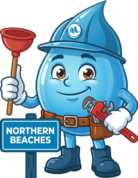 Splashy, the Mr Splash mascot, with a plunger and a pipe wrench beside a Northern Beaches sign