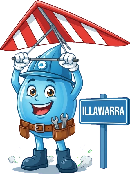 Splashy, the Mr Splash mascot, beside a Illawarra and Wollongong sign