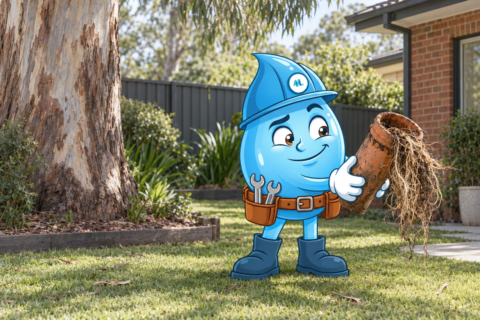 Splashy holding up an old clay sewer pipe with tree roots through the joint