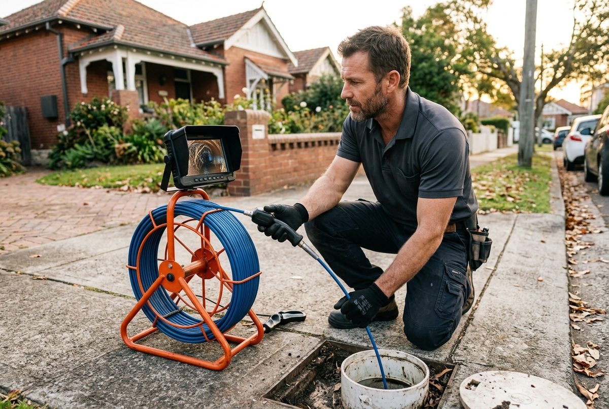 Blocked drain plumber running CCTV camera inspection in Croydon