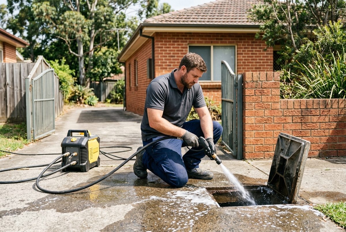 Blocked drain plumber clearing outdoor drain in Croydon Sydney NSW with hydro-jet