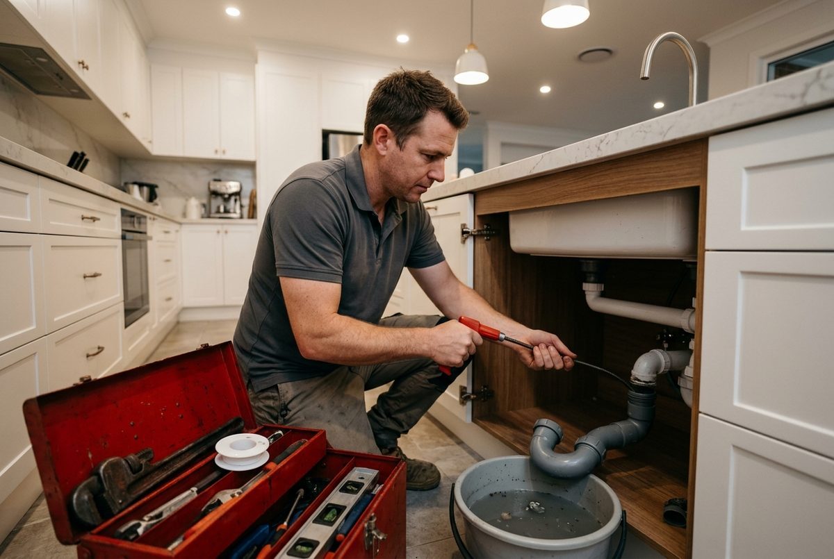 Plumber clearing kitchen sink blockage in modern Croydon Sydney home