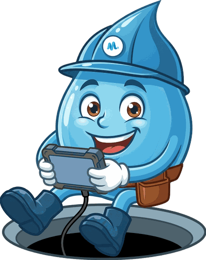 Splashy, the Mr Splash mascot, sitting on a drain watching the camera monitor