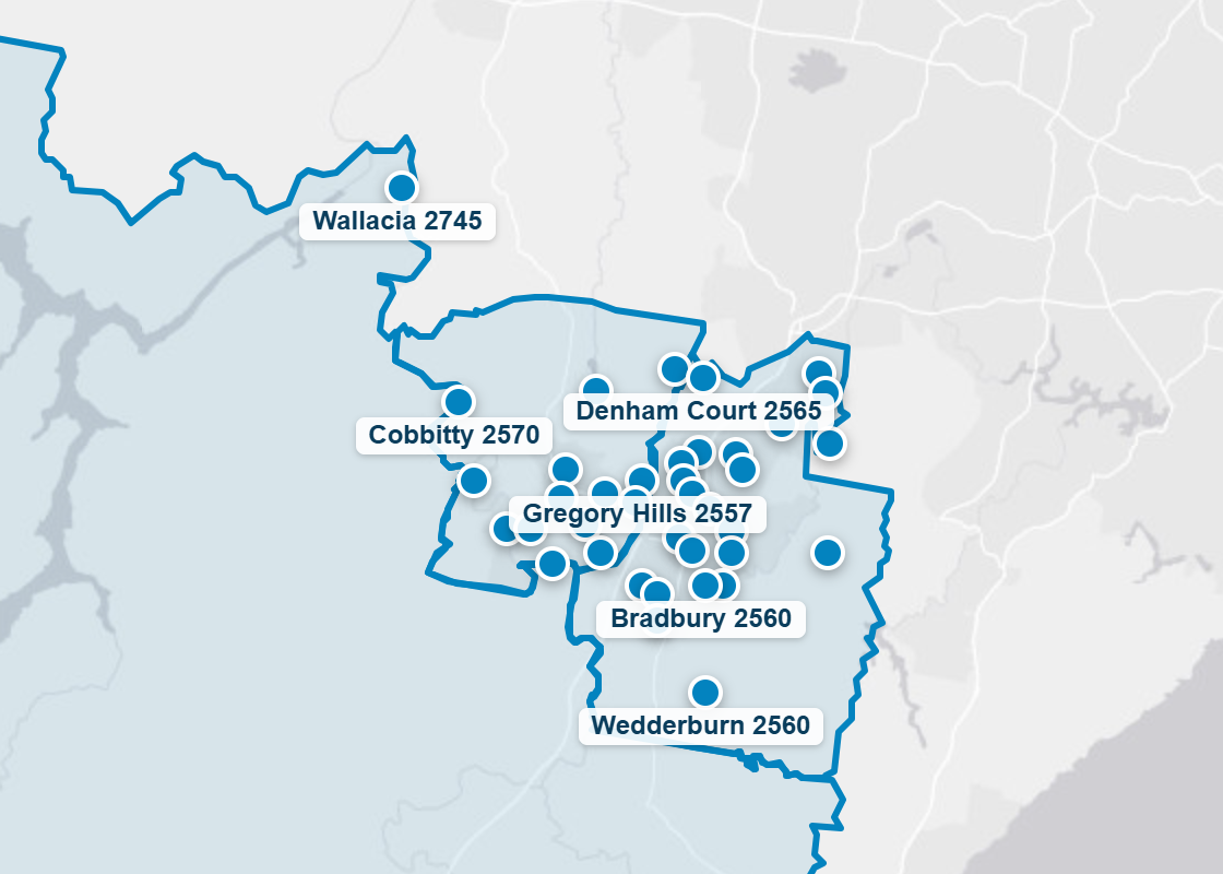 Map of the Campbelltown, Camden and Wollondilly council areas with the suburbs where Mr Splash Plumbing has completed jobs