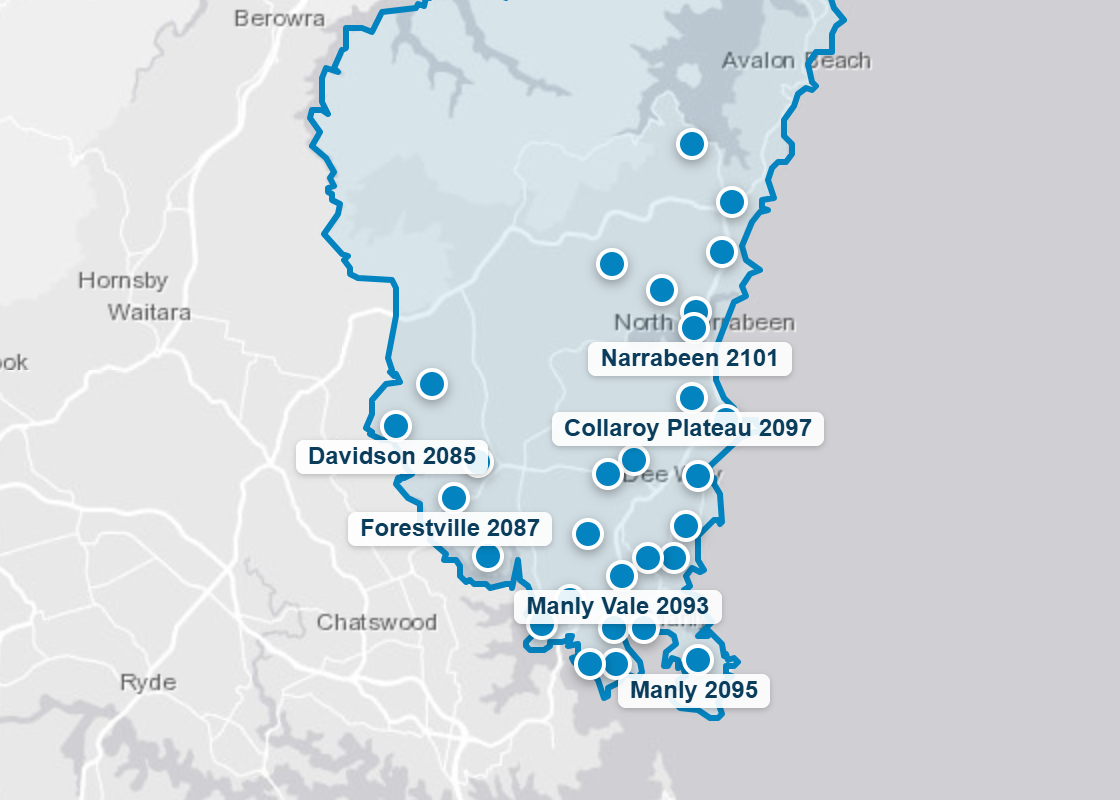 Map of the Northern Beaches Council area with the suburbs where Mr Splash Plumbing has completed jobs