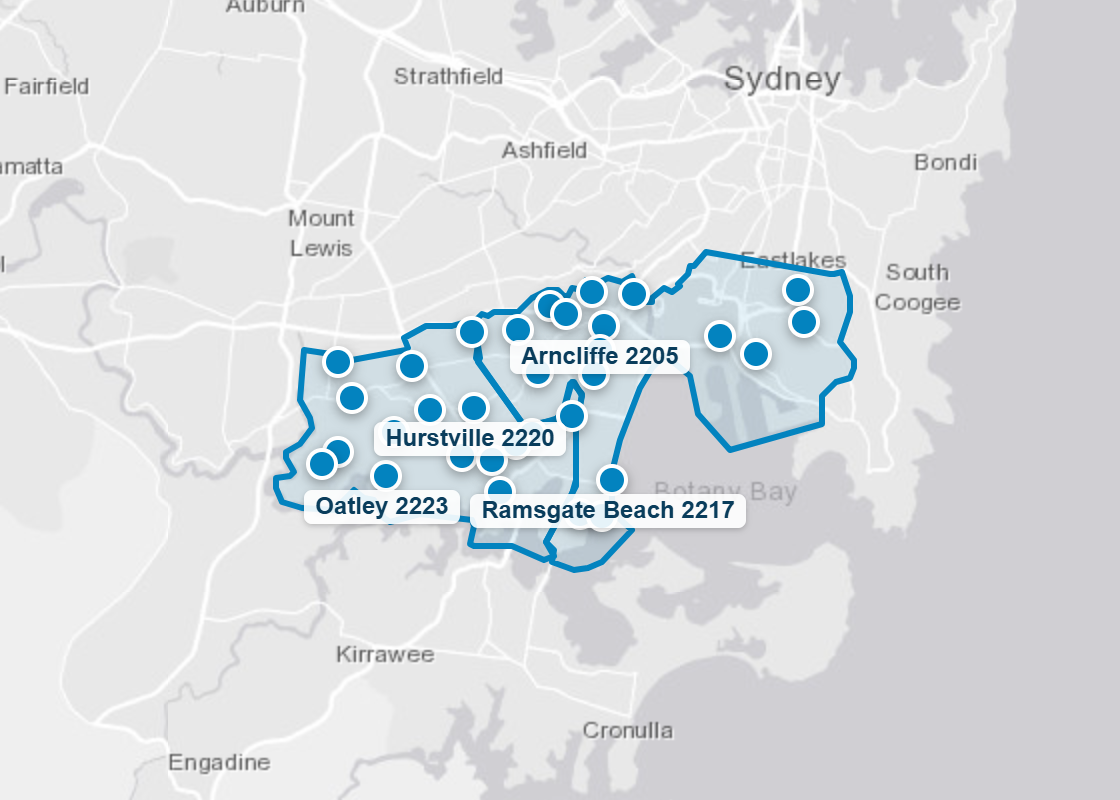 Map of the Georges River and Bayside council areas with the suburbs where Mr Splash Plumbing has completed jobs